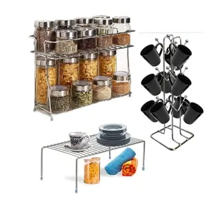 zebzo 3 Pcs Stainless Steel Tiered Shelf Kitchen Rack, Organizer And Space Saver, Counter Top Stainless Steel Tiered Shelf Kitchen Stand With Cup Stand & Shelf(Pack Of 3 In One Box)